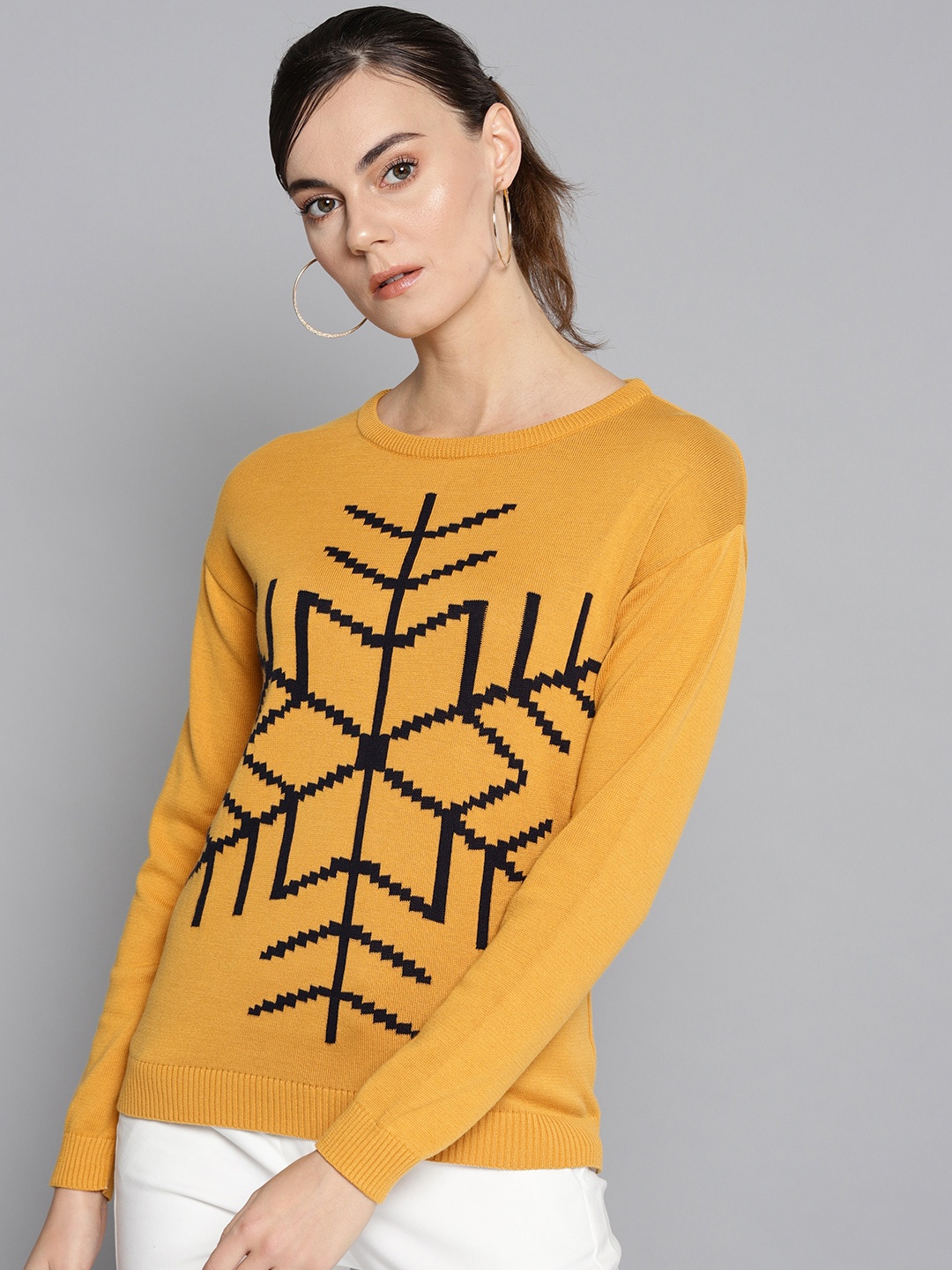 

STREET 9 Women Mustard & Black Self Design Sweater