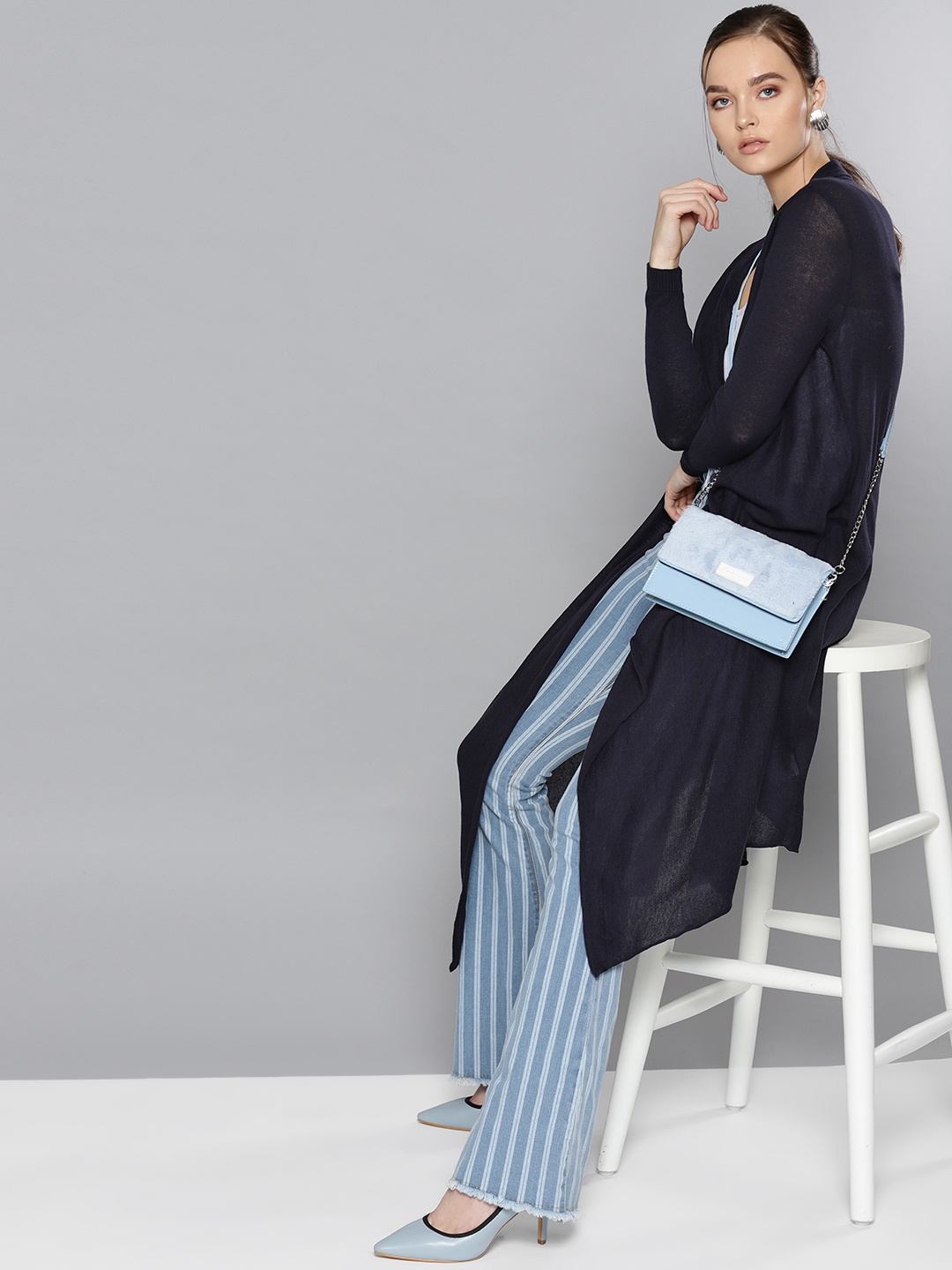 

STREET 9 Women Navy Blue Solid Longline Waterfall Shrug