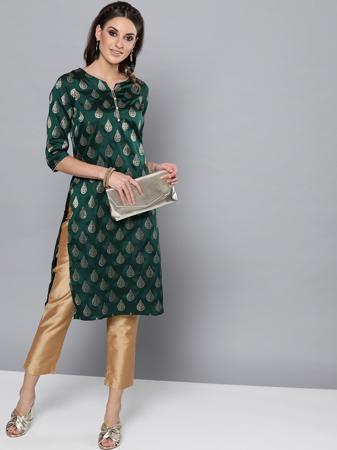

STREET 9 Women Green & Beige Self Design Kurta with Trousers