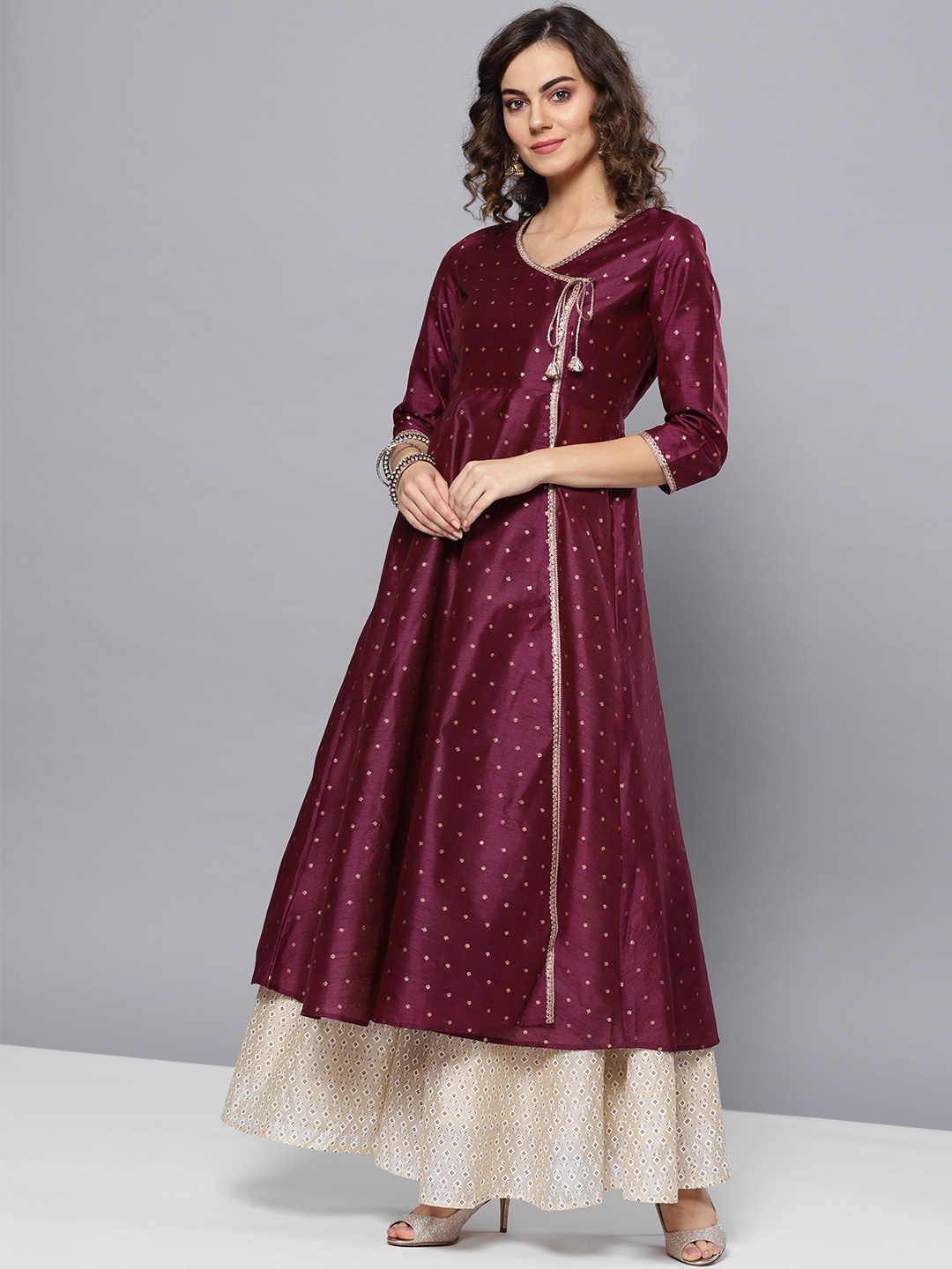 

STREET 9 Women Burgundy & Golden Woven Design Angrakha A-Line Kurta