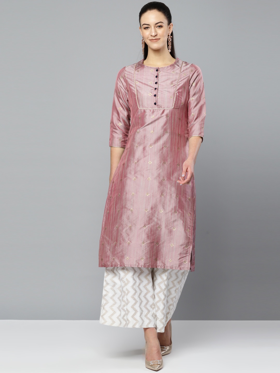 

STREET 9 Women Pink & Gold-Toned Woven Design Straight Kurta