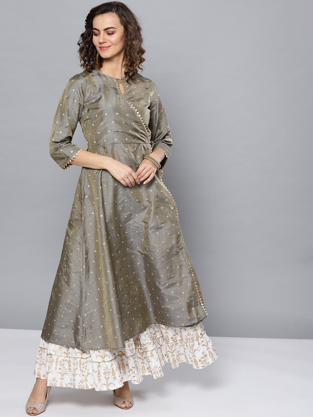

STREET 9 Women Grey & Golden Woven Design Angrakha A-Line Kurta