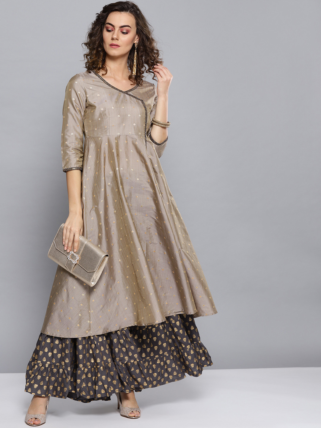 

STREET 9 Women Taupe & Golden Woven Design Angrakha Anarkali Kurta