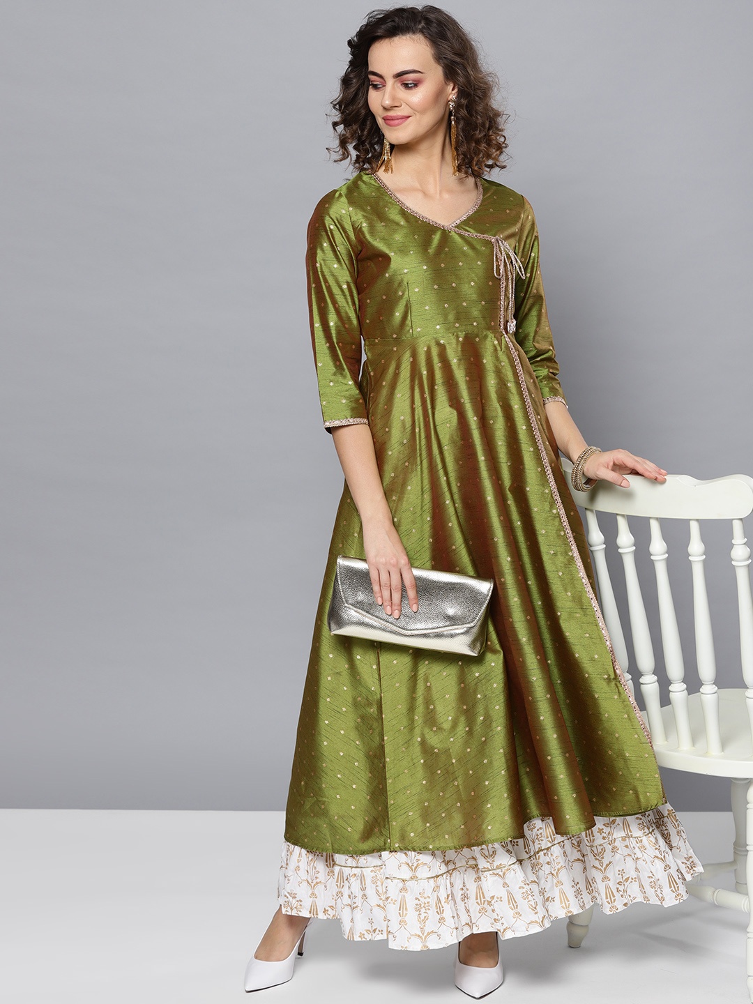 

STREET 9 Women Green & Gold-Toned Woven Design Angrakha Anarkali Kurta