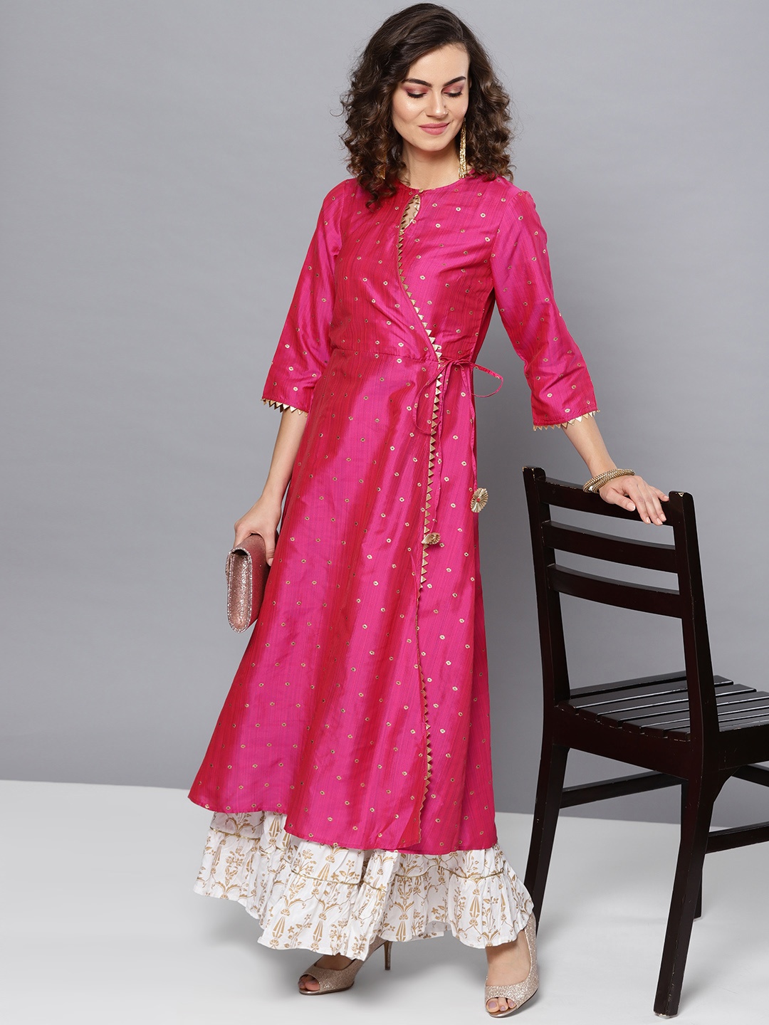 

STREET 9 Women Pink & Golden Woven Design Angrakha A-Line Kurta