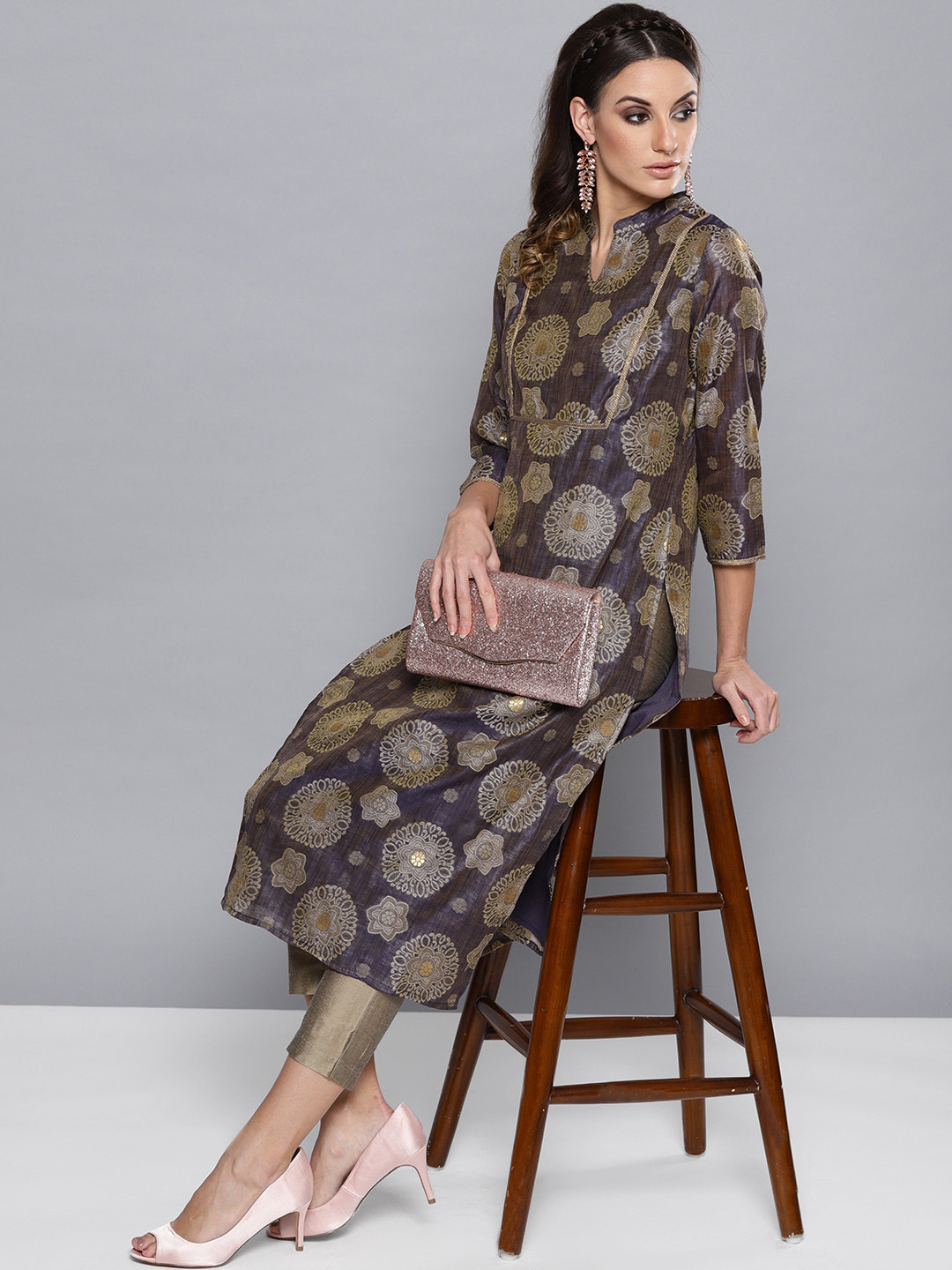 

STREET 9 Women Purple & Taupe Self Design Kurta with Trousers