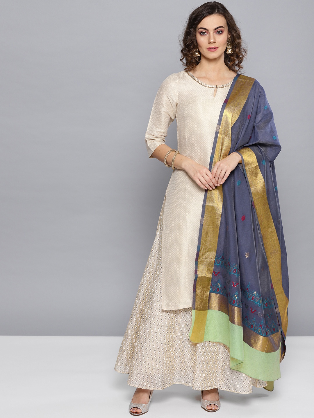 

STREET 9 Charcoal Grey & Blue Woven Design Chanderi Pure Cotton Dupatta