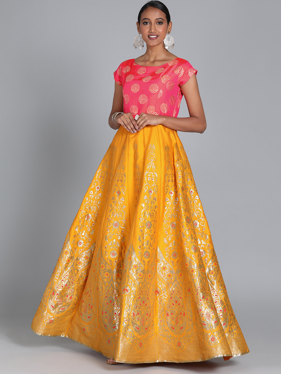 

Ethnovog Women Mustard Yellow Pink Kali Style Made to Measure Maxi Dress