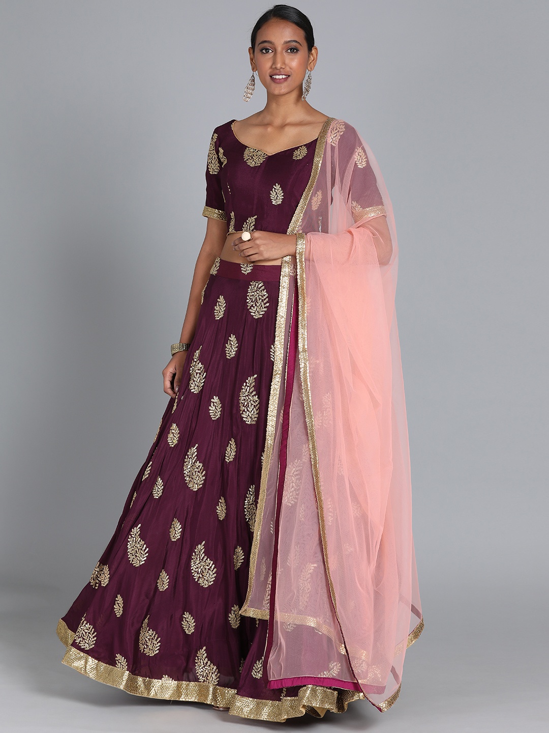 

Ethnovog Burgundy Gold Embroidered Made to Measure Lehenga Blouse with Dupatta