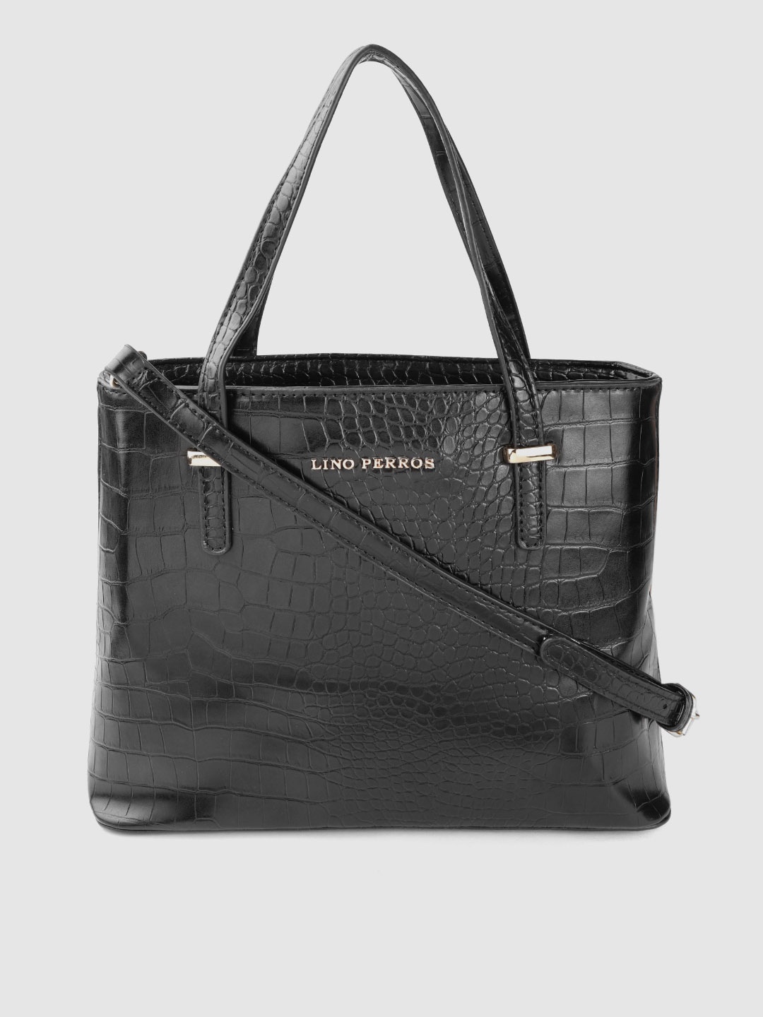

Lino Perros Black Croc Textured Handheld Bag with Detachable Sling Strap