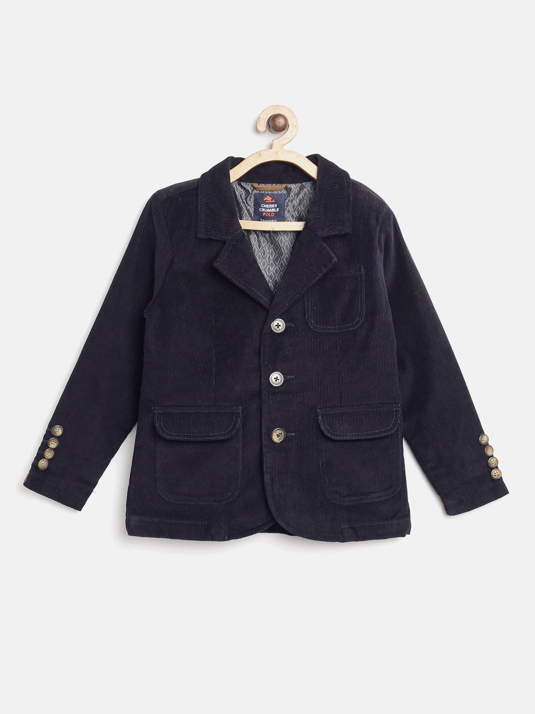 

Cherry Crumble Unisex Kids Navy Blue Solid Corduroy Single Breasted Casual Blazer