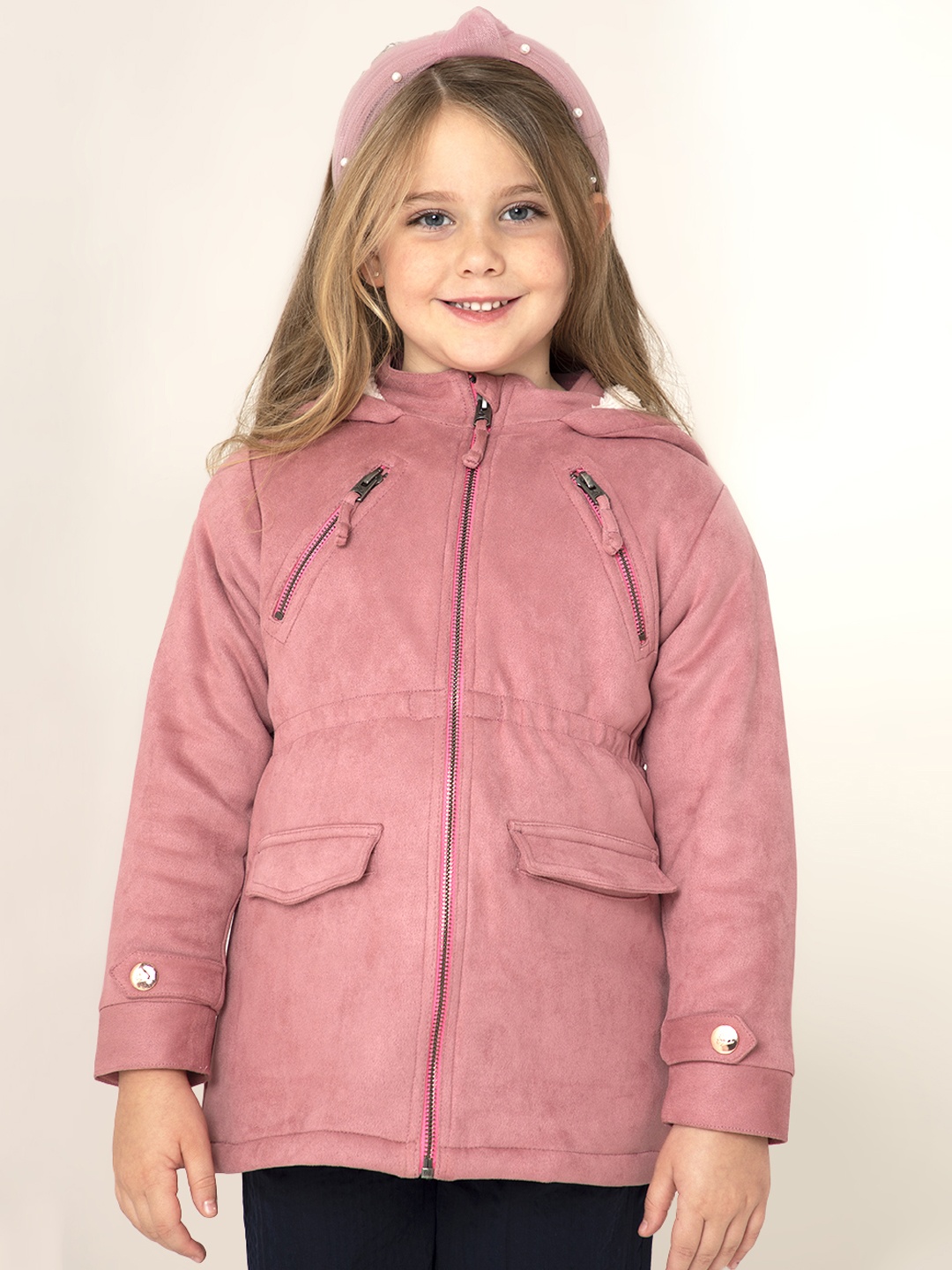 

Cherry Crumble Girls Peach Solid Pastel Longline Hooded Jacket, Pink