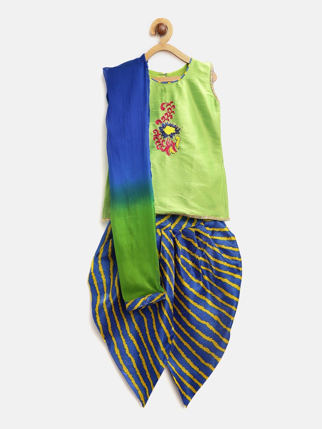 

BownBee Girls Green & Blue Embroidered Kurti with Dhoti Pants & Dupatta