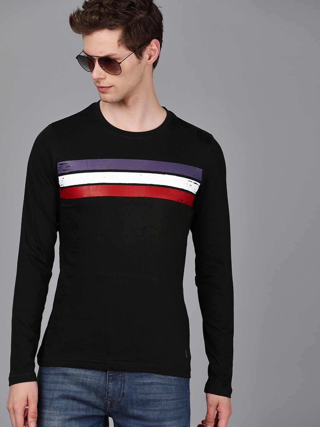 

WROGN Men Black Red Slim Fit Striped Pure Cotton T-shirt