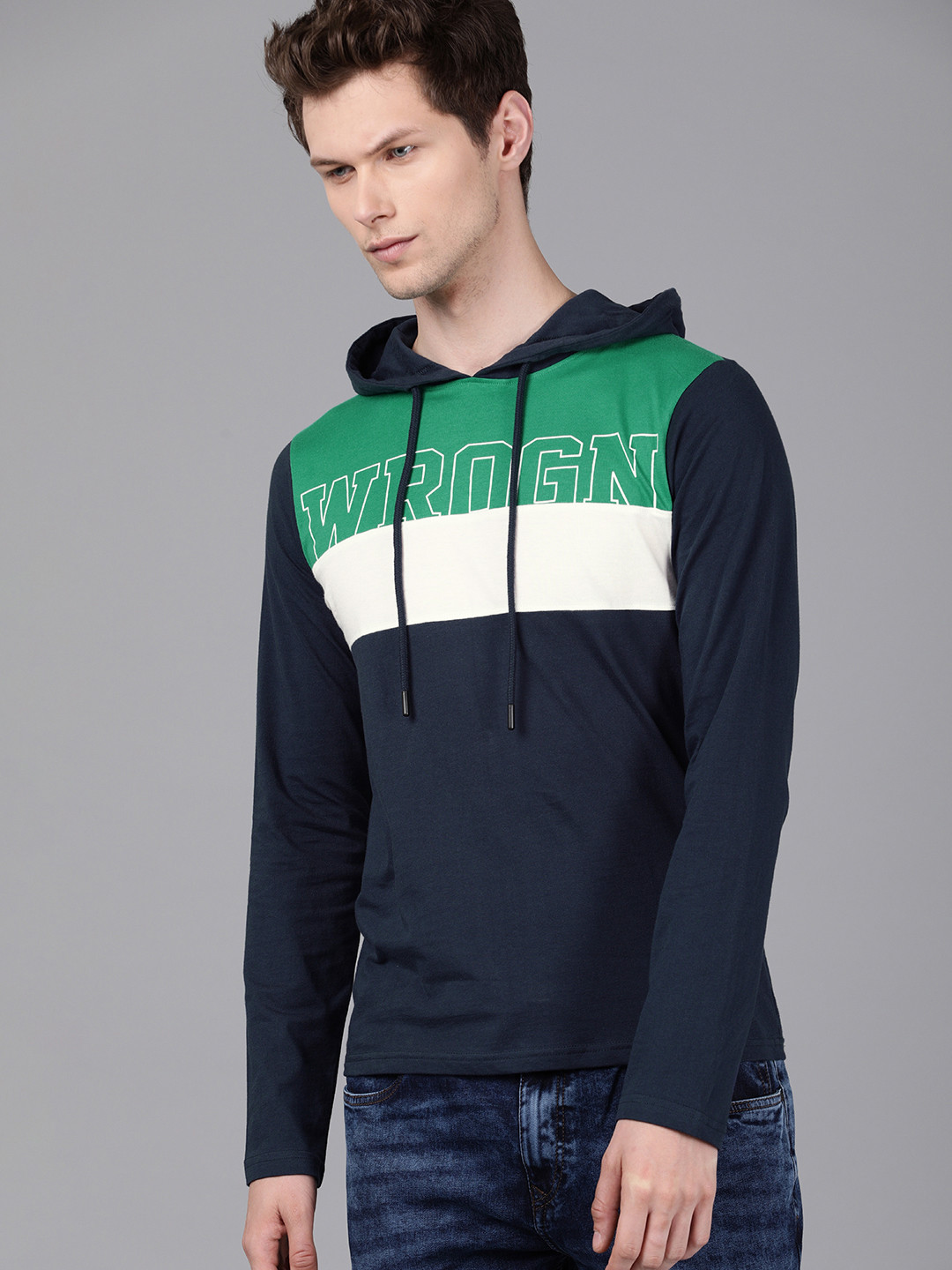 

WROGN Men Navy Blue Green Colourblocked Hood Pure Cotton T-shirt