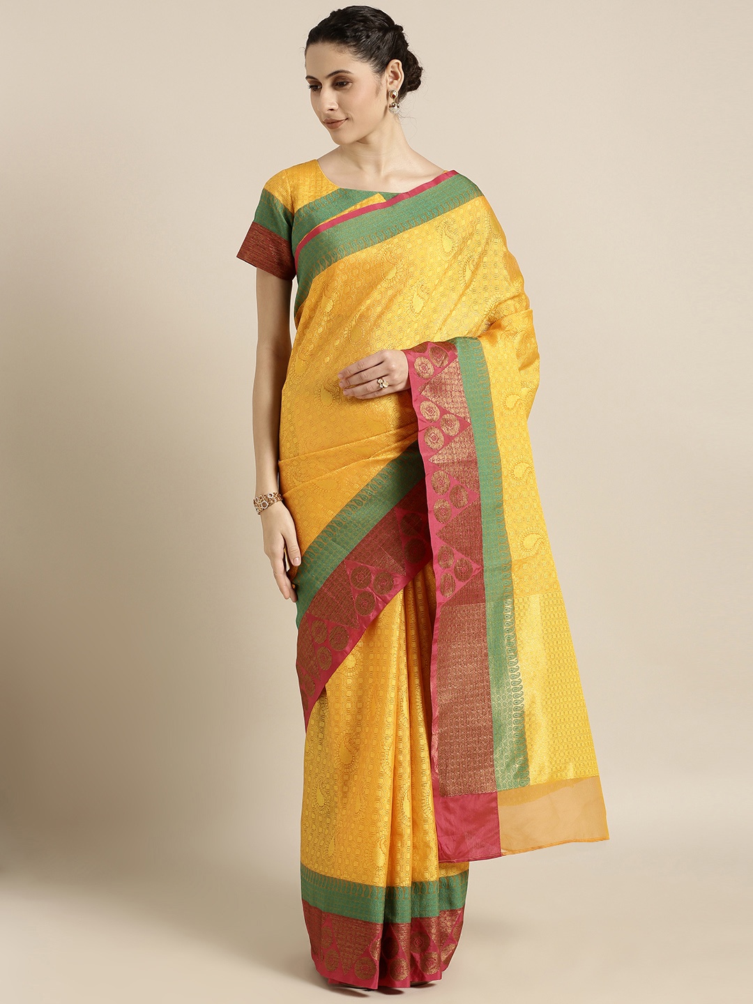 

Shaily Yellow Pure Silk Woven Design Kanjeevaram Saree