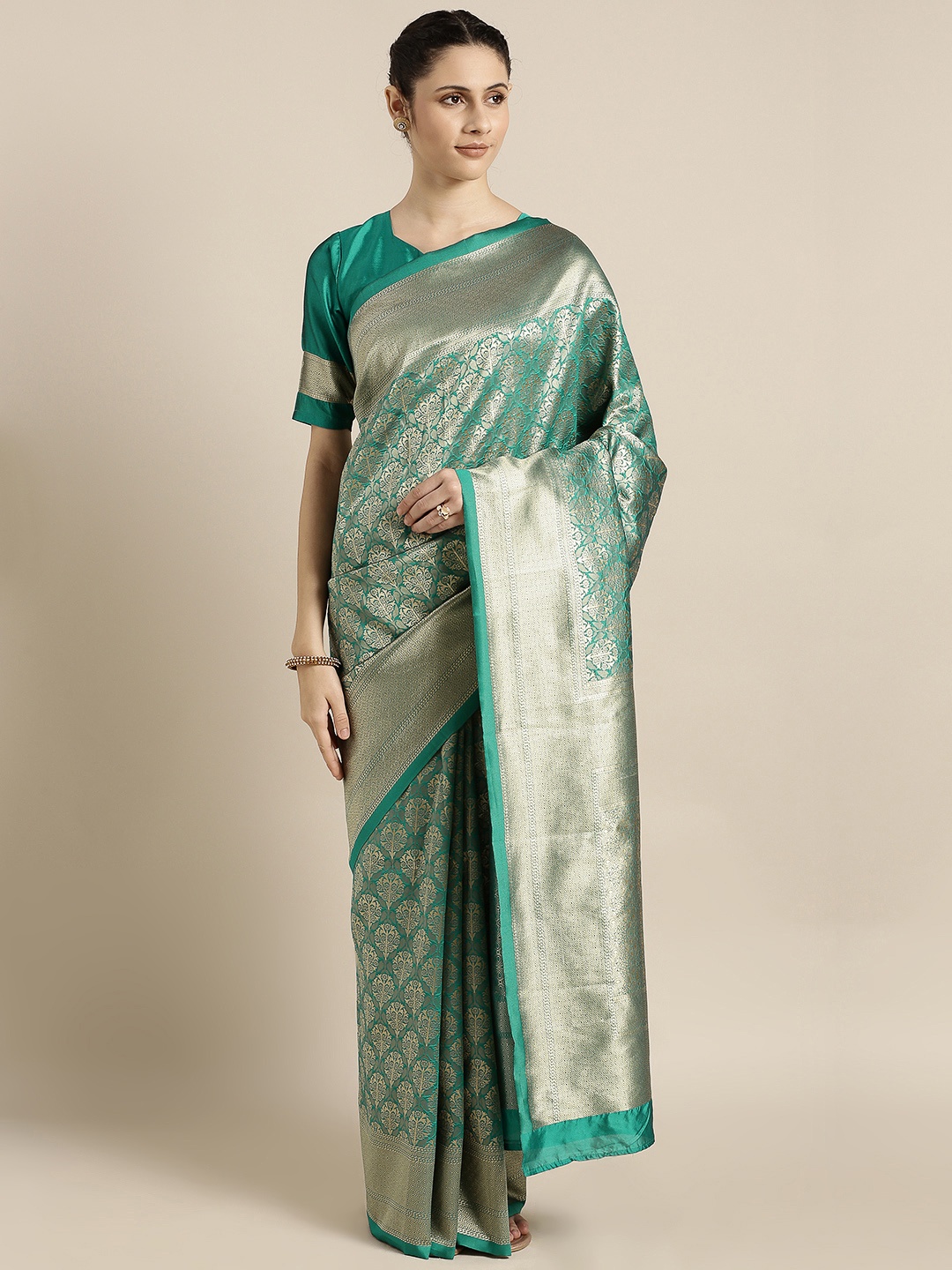 

Shaily Green & Gold-Toned Woven Design Banarasi Saree