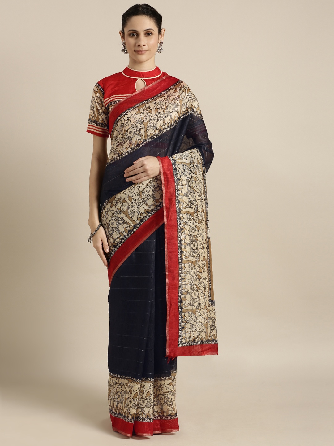 

Shaily Navy Blue Printed Cotton Blend Saree