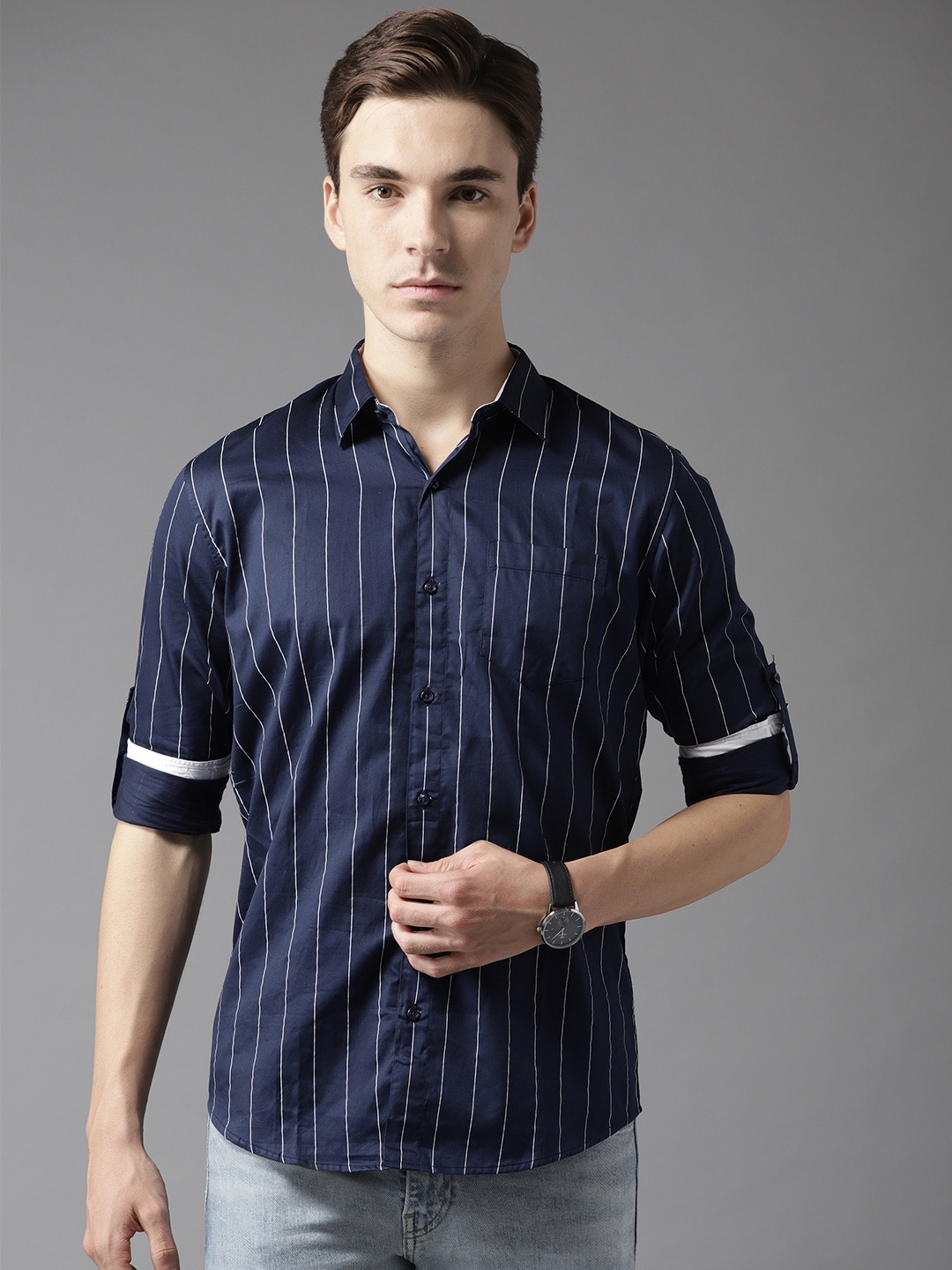 

DENNISON Men Navy Blue & White Slim Fit Striped Casual Shirt with Satin Finish