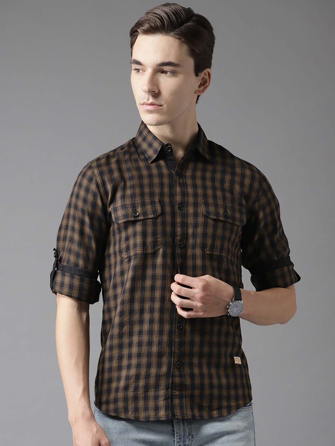 

DENNISON Men Brown & Black Slim Fit Checked Casual Shirt