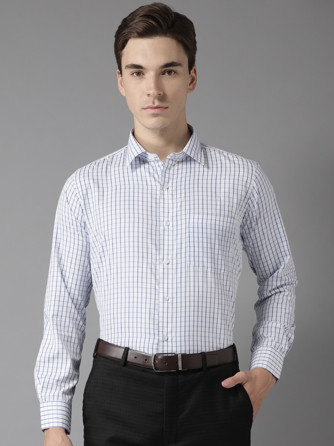 

DENNISON Men White & Blue Slim Fit Checked Formal Shirt
