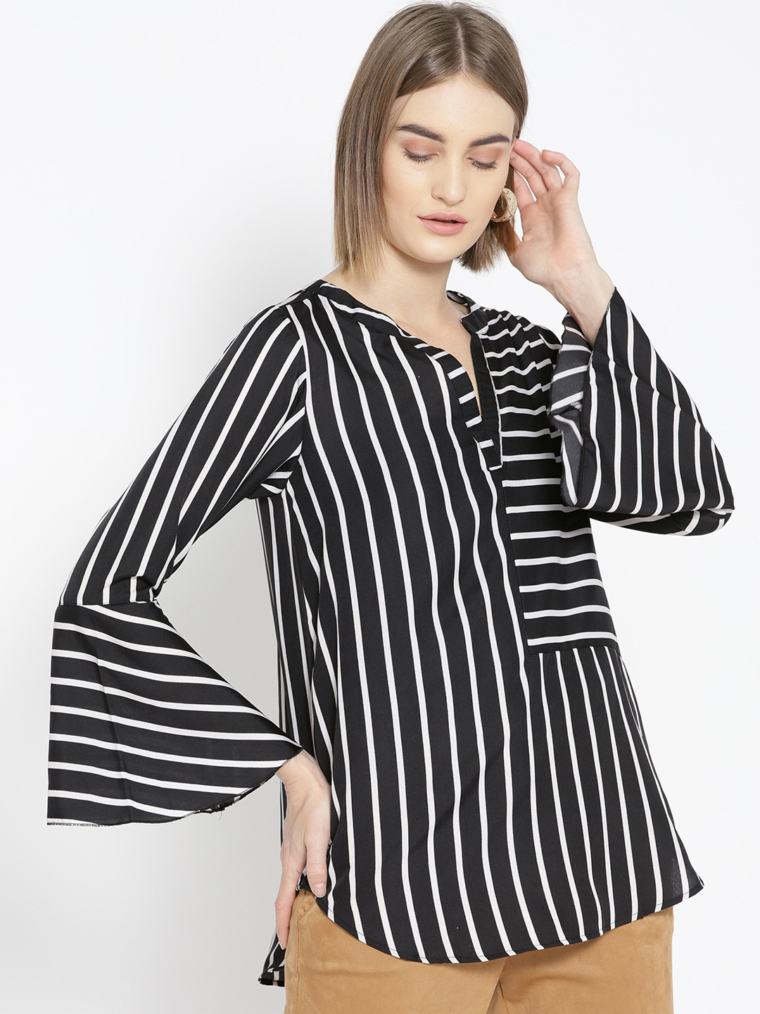 

Qurvii Plus Size Women Black Striped Shirt Style Top