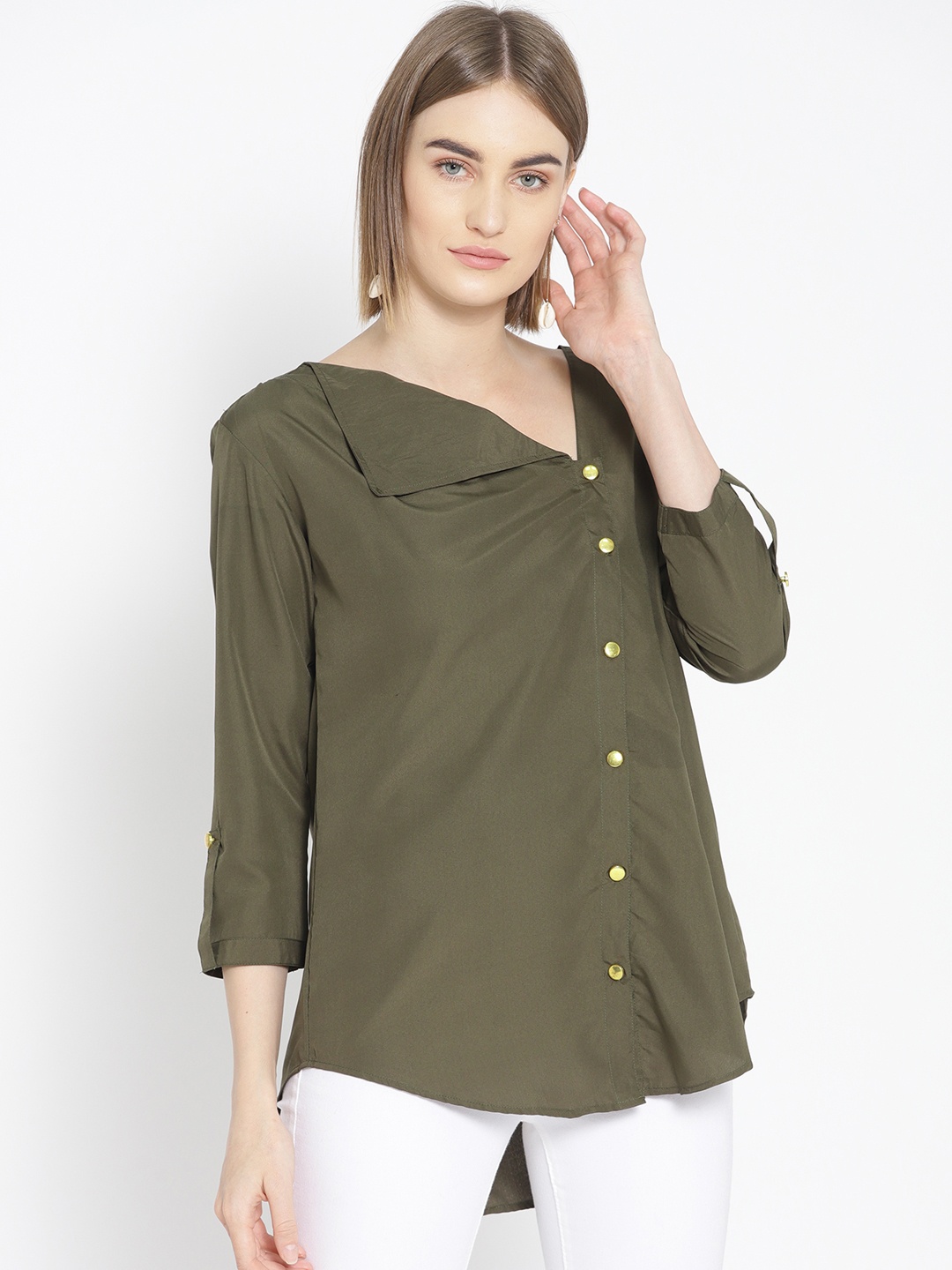 

Qurvii Plus Size Women Olive Green Solid High-Low Top