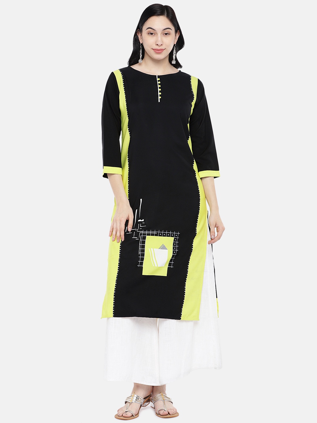 

shiloh Women Black & Yellow Printed A-Line Kurta