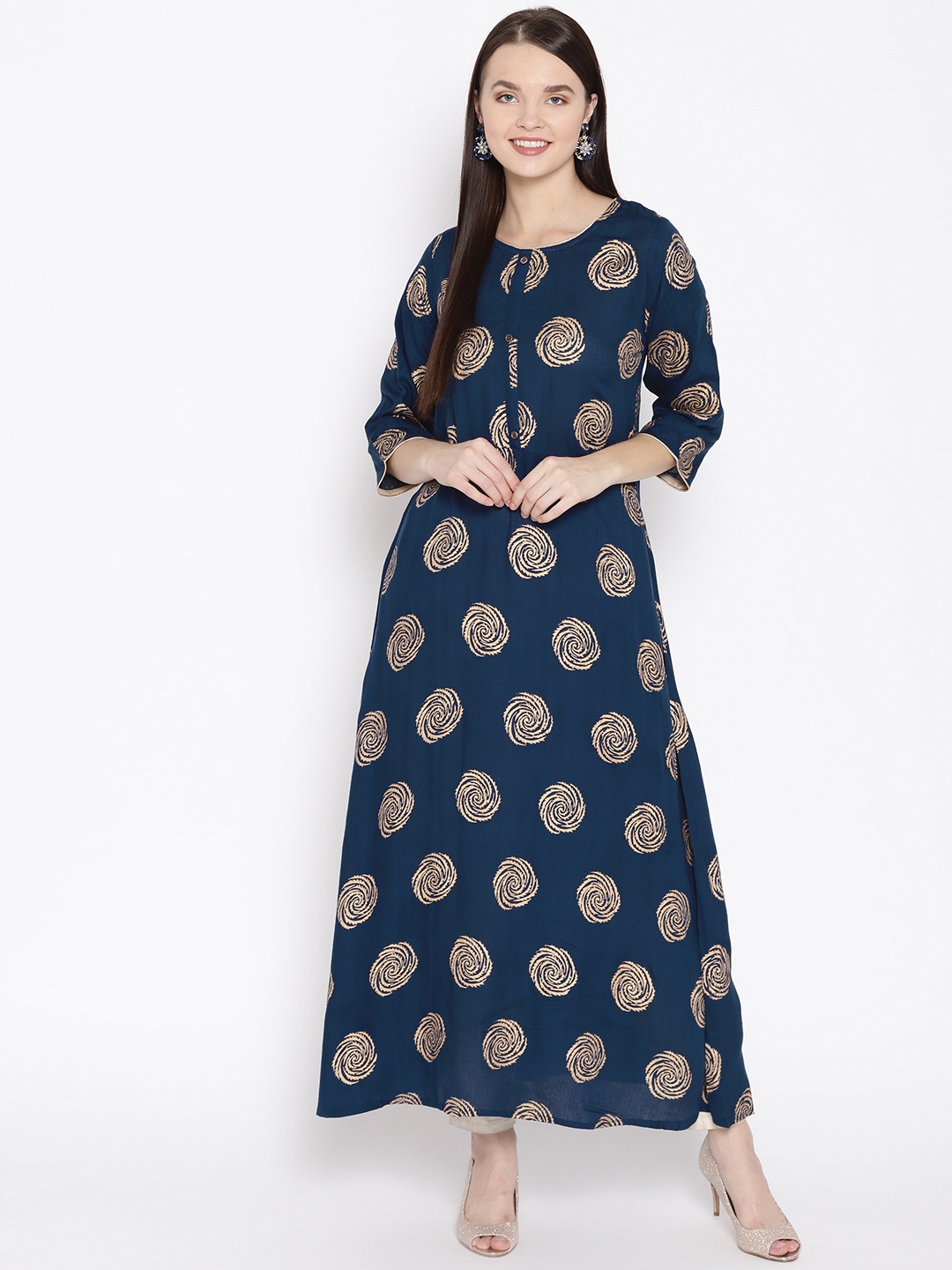 

Vastraa Fusion Women Teal Blue & Golden Printed A-Line Kurta