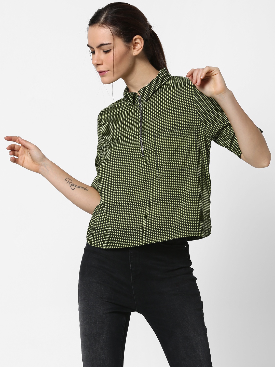 

ONLY Women Green & Black Checked Shirt Style Top