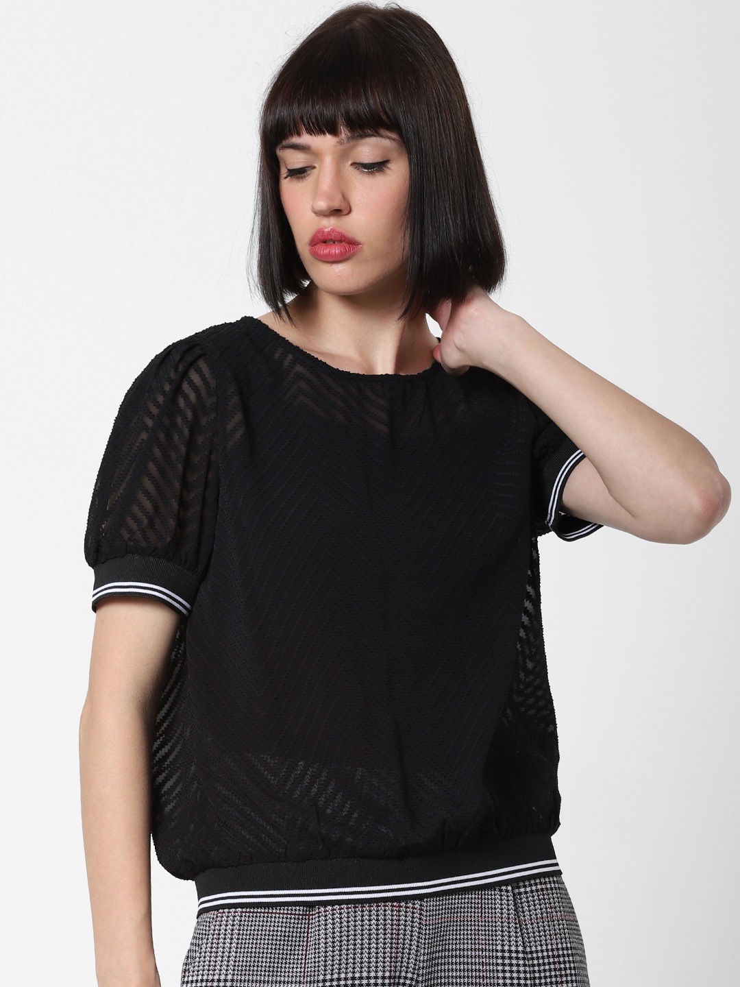 

ONLY Women Black Self Design Semi-Sheer Blouson Top