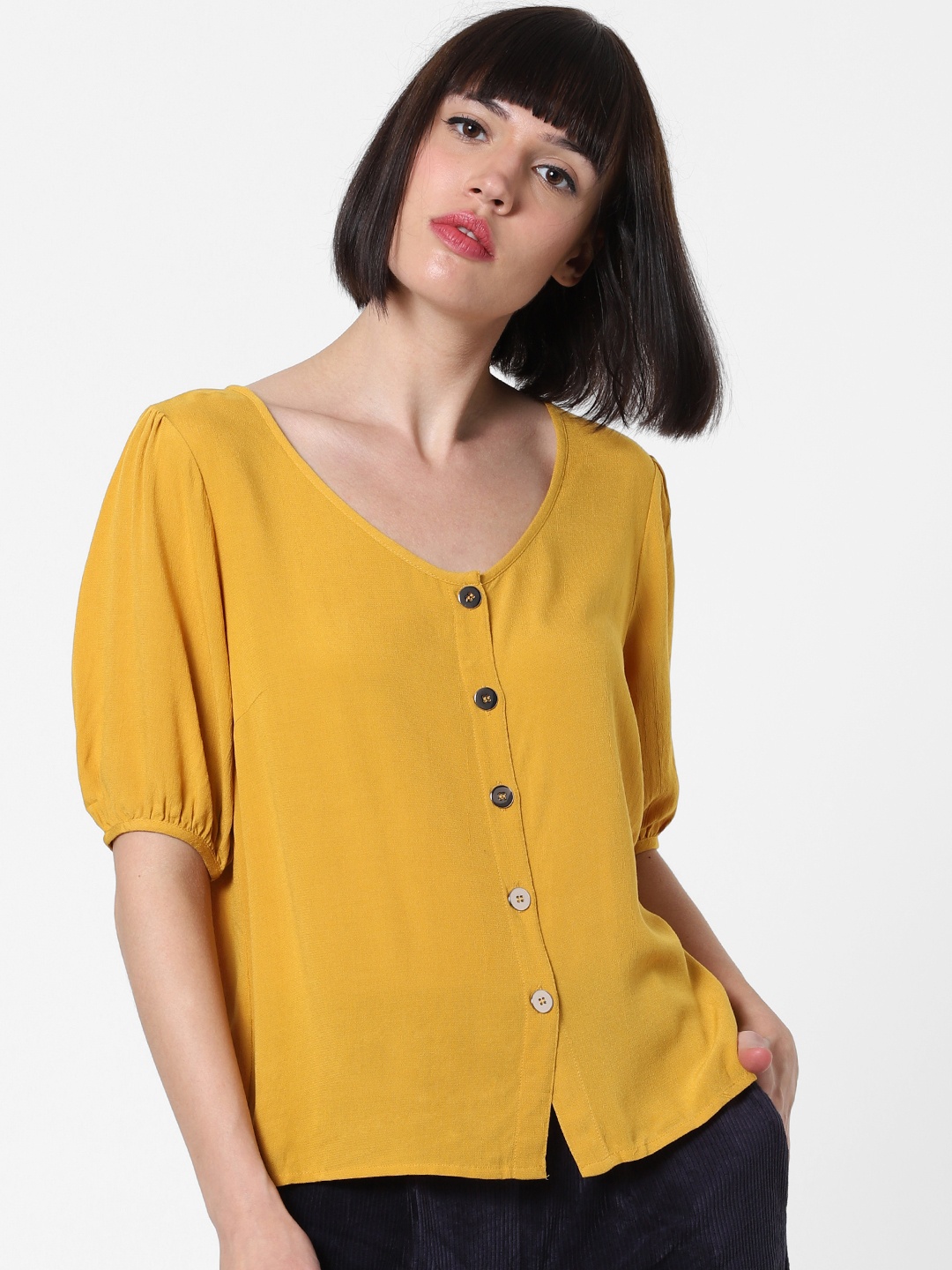 

ONLY Women Mustard Yellow Solid Semi Sheer Boxy Top