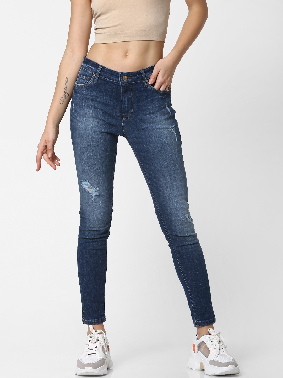 

ONLY Women Navy Blue Skinny Fit Mid-Rise Mildly Distressed Stretchable Jeans