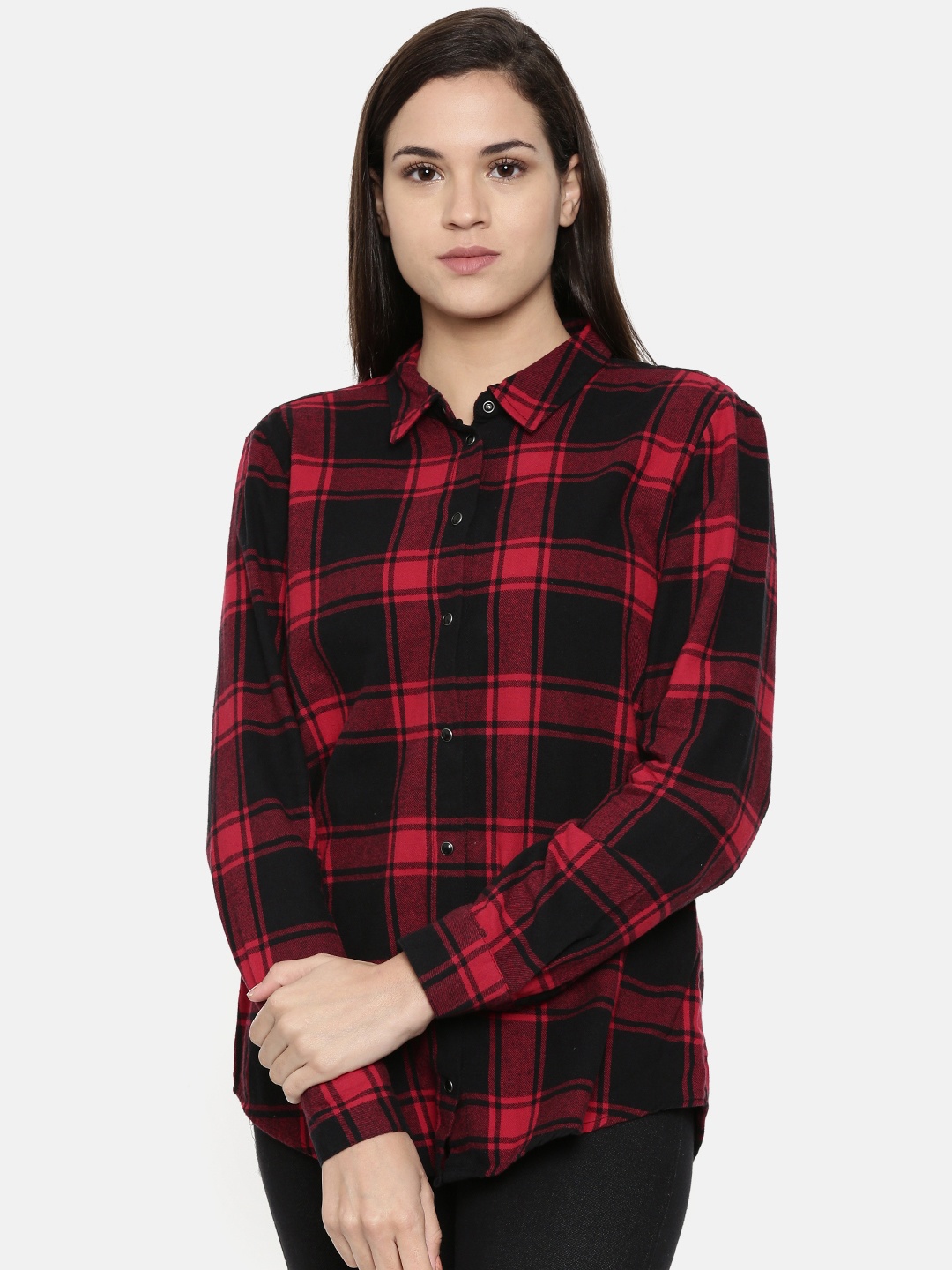 

ONLY Women Black & Red Regular Fit Checked Casual Shirt