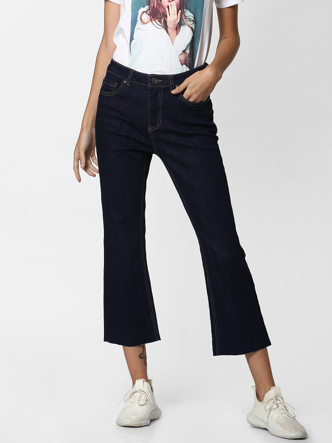 

ONLY Women Navy Blue Straight Fit Mid-Rise Clean Look Stretchable Cropped Jeans