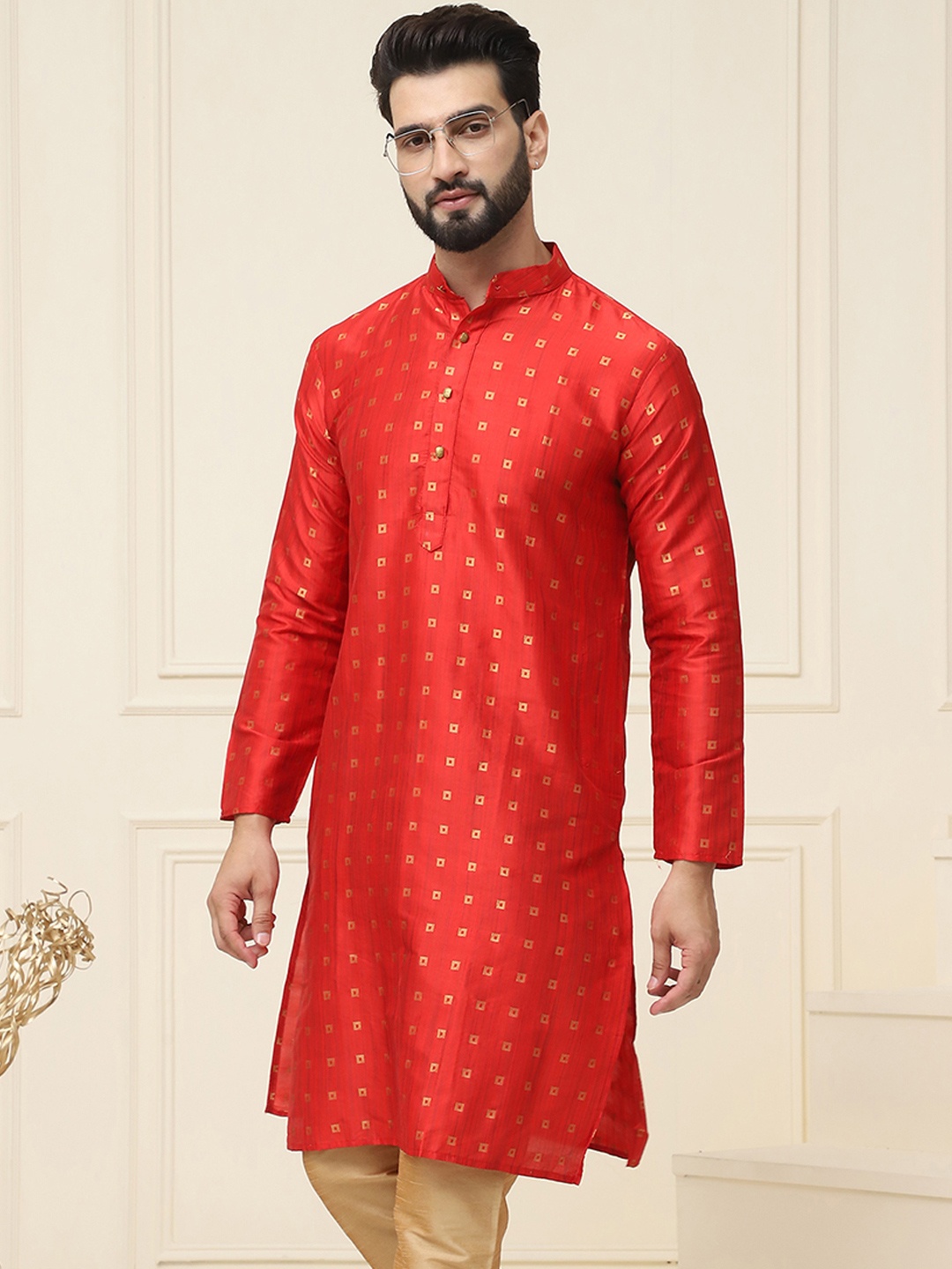 

SOJANYA Men Maroon Printed Straight Kurta