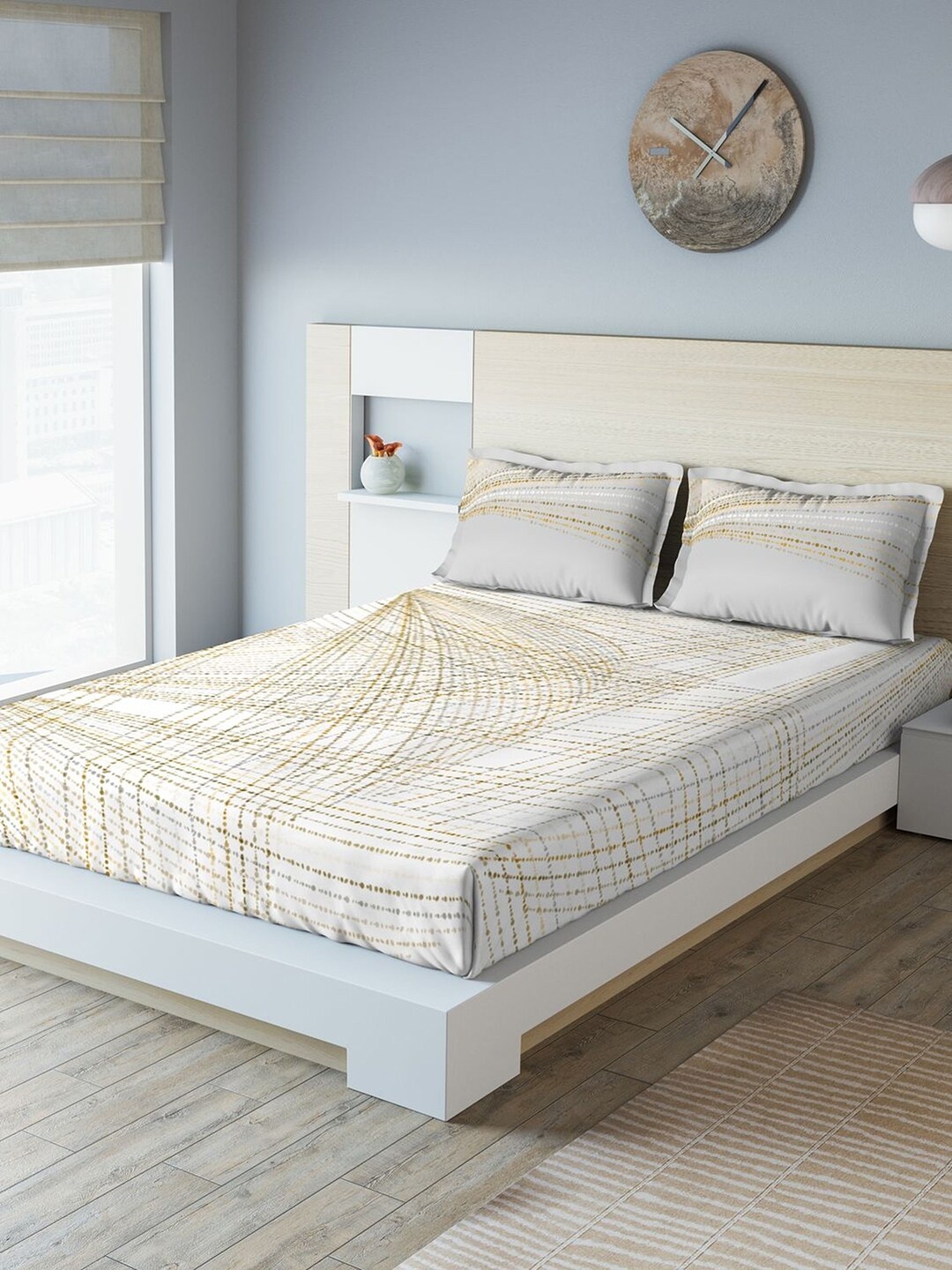 

DDecor White & Brown Abstract 144 TC Cotton 1 Queen Bedsheet with 2 Pillow Covers