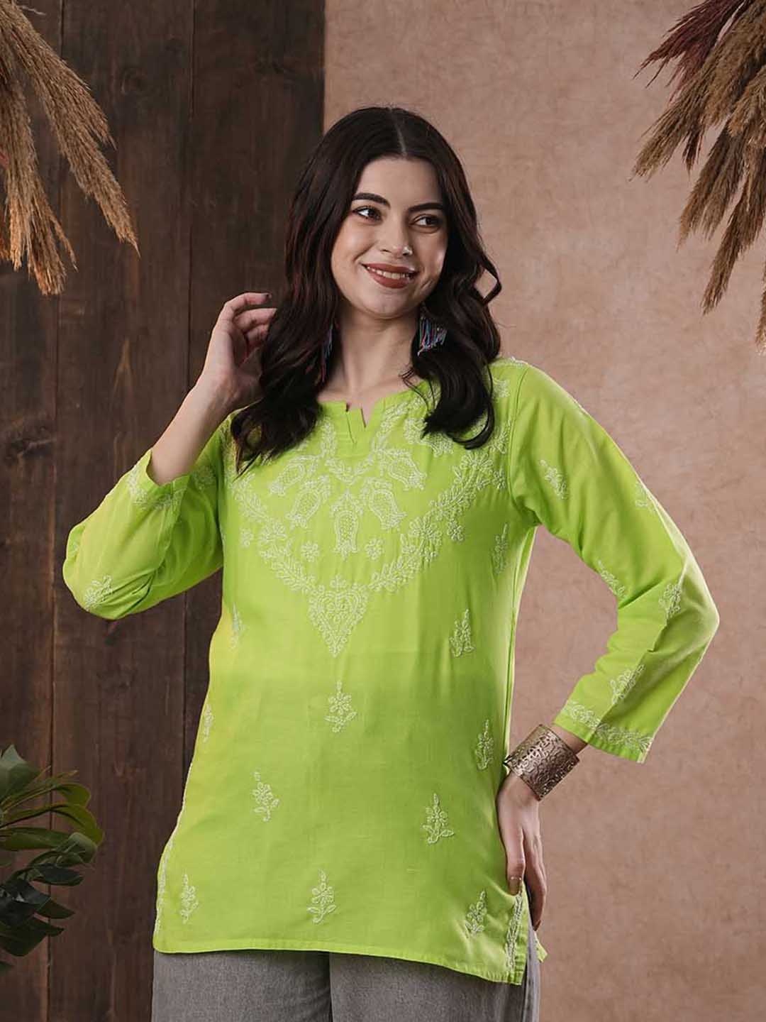 

ADA Women Green & White Chikankari Embroidered Pure Cotton Kurti