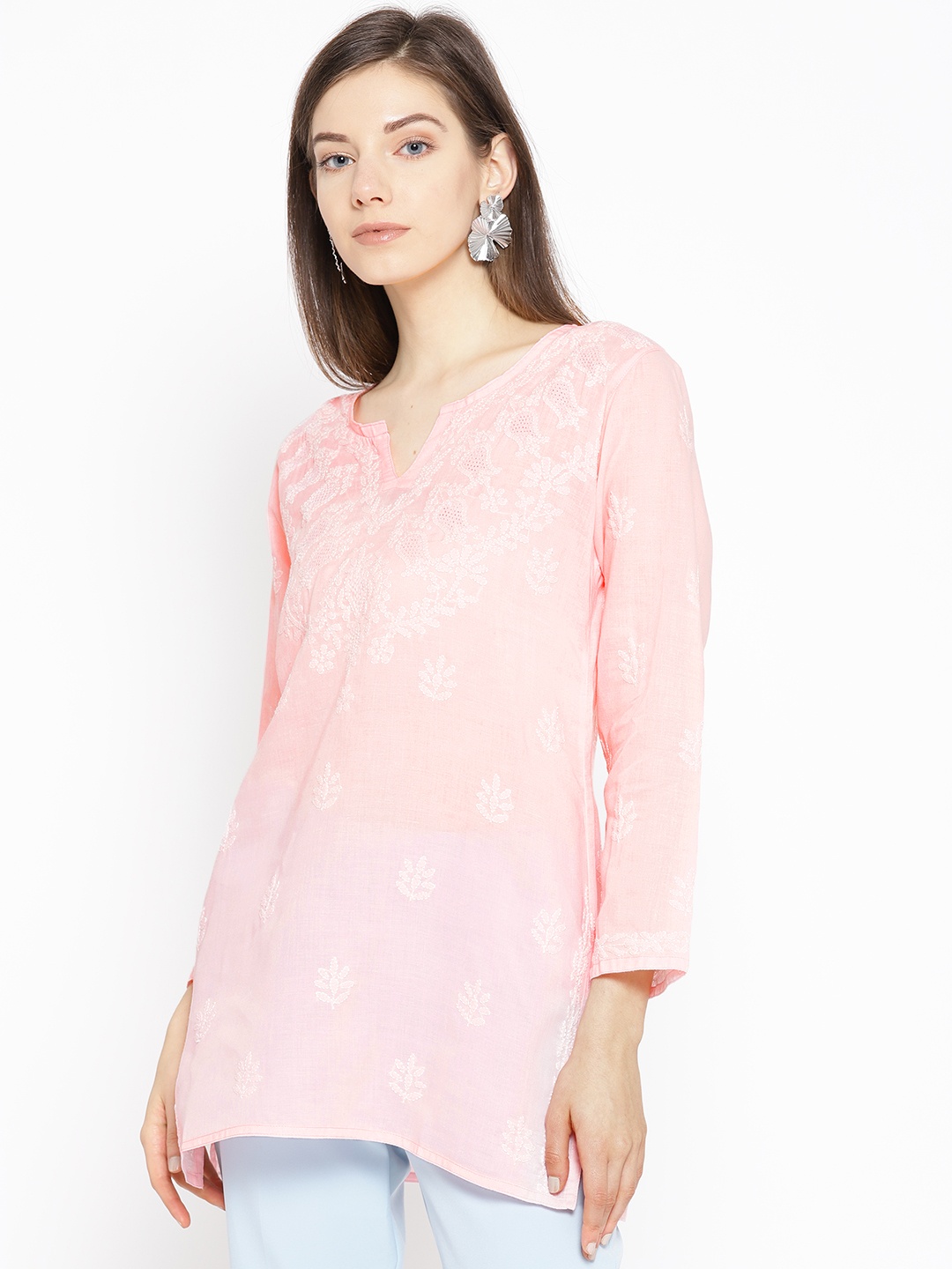 

ADA Women Pink Chikankari Embroidered Pure Cotton Straight Kurti