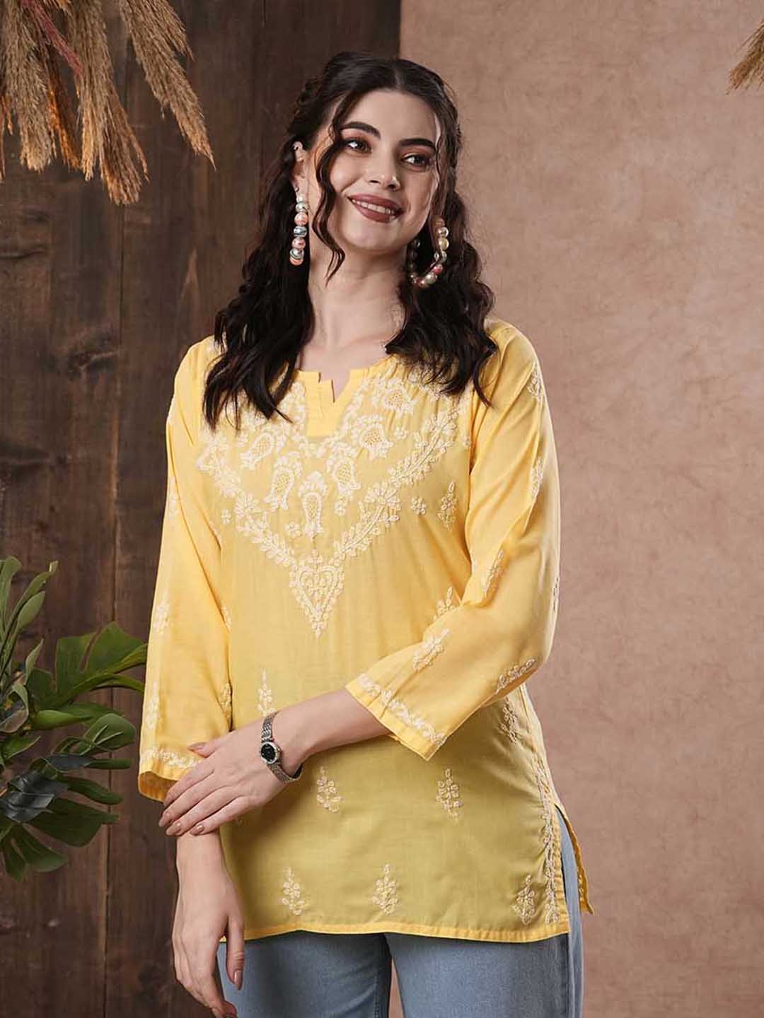 

ADA Women Yellow Chikankari Embroidered Pure Cotton Semi-Sheer Straight Kurti