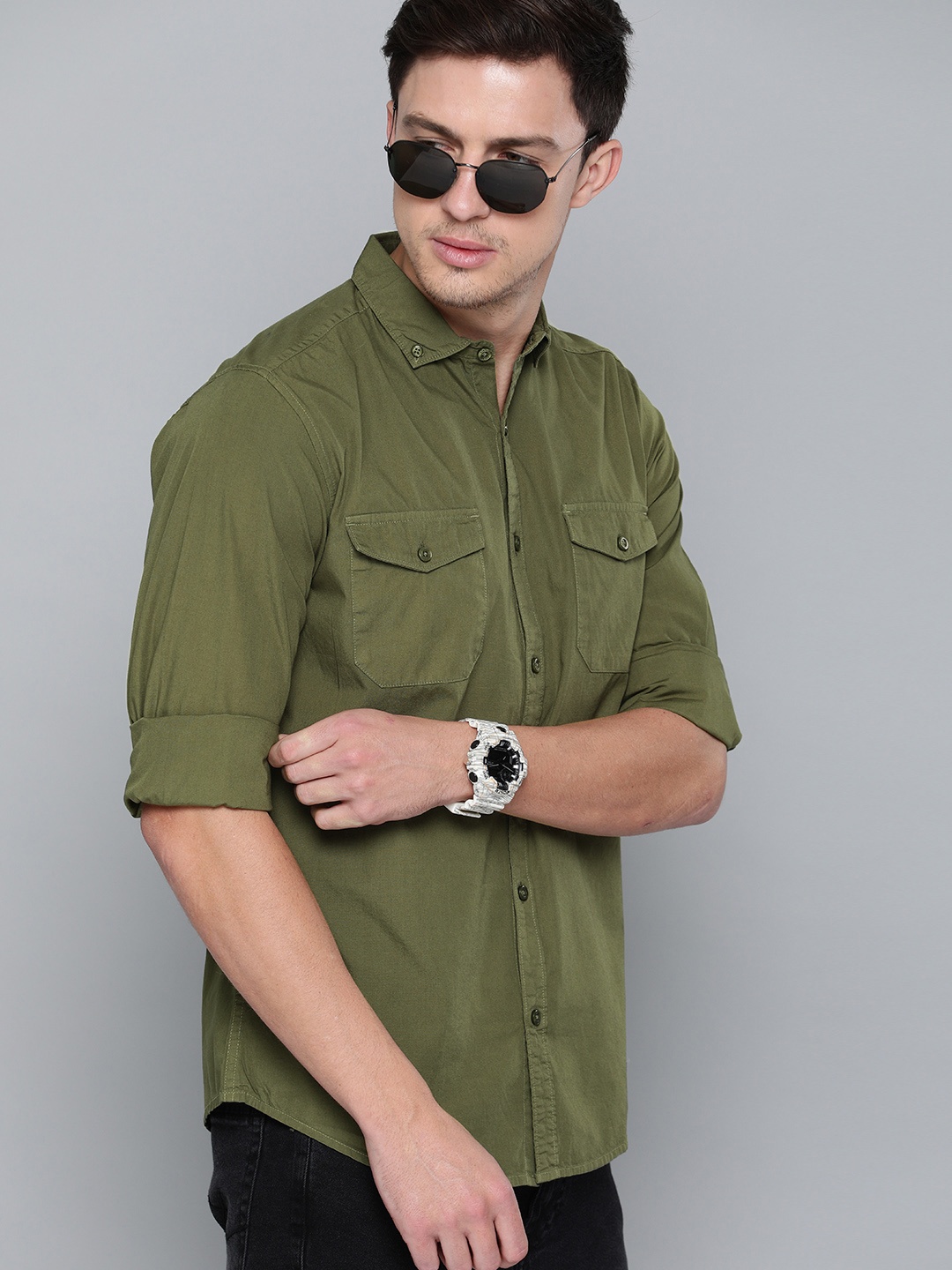 

Harvard Men Olive Green Regular Fit Solid Sustainable Casual Shirt
