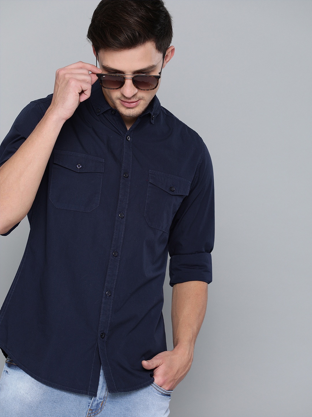 

Harvard Men Navy Blue Regular Fit Solid Sustainable Casual Shirt