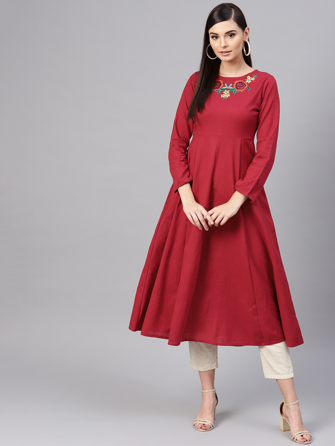 

SASSAFRAS Women Maroon Embroidered Detail Anarkali Kurta