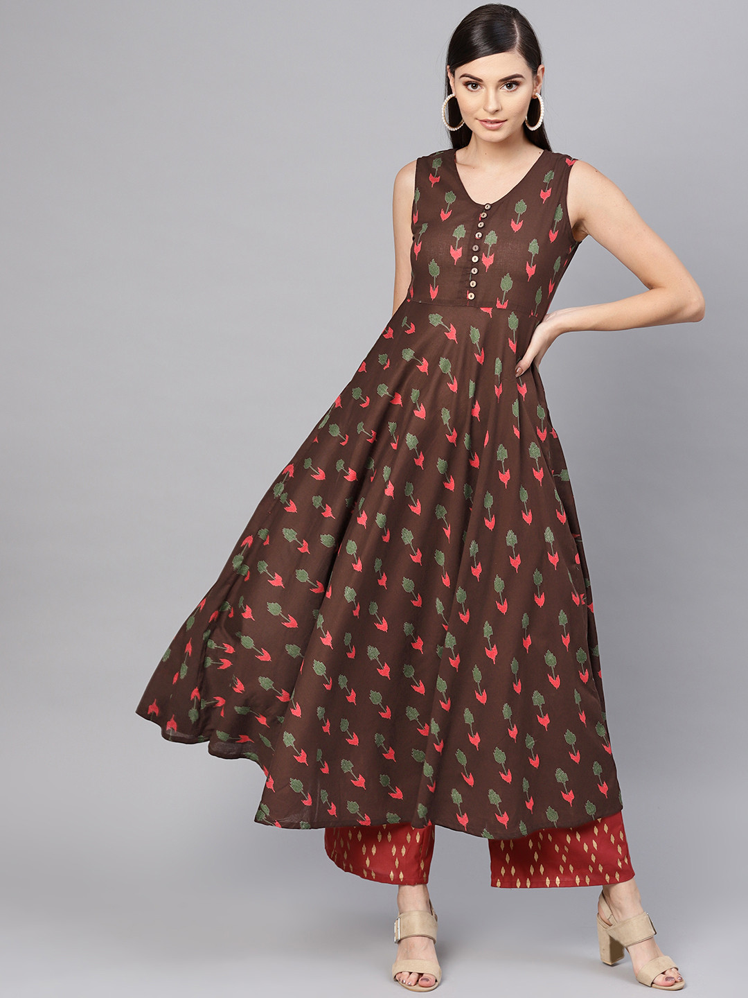 

SASSAFRAS Women Brown & Red Ikat Printed A-Line Kurta