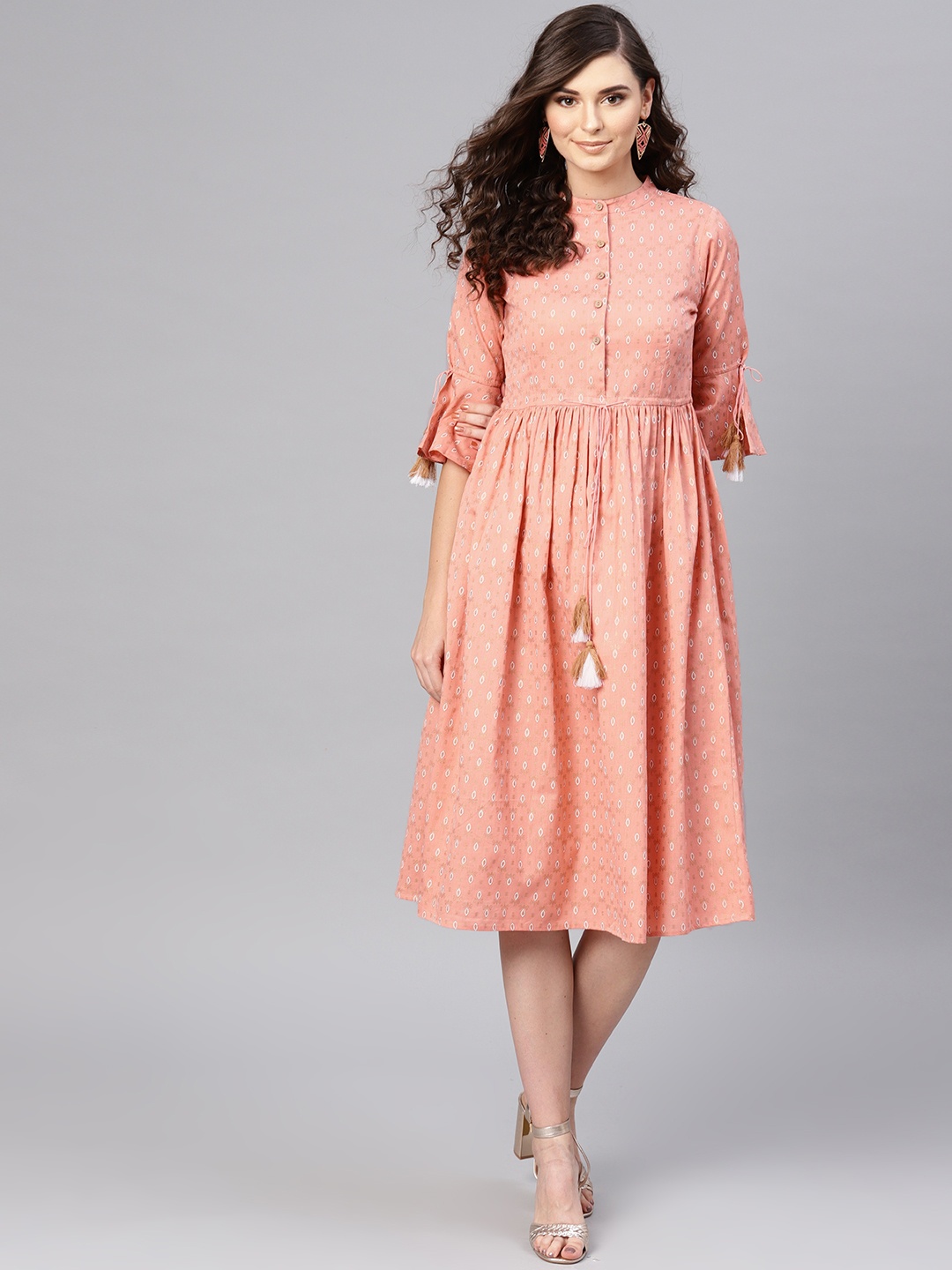 

SASSAFRAS Women Peach-Coloured & Golden Printed A-Line Dress