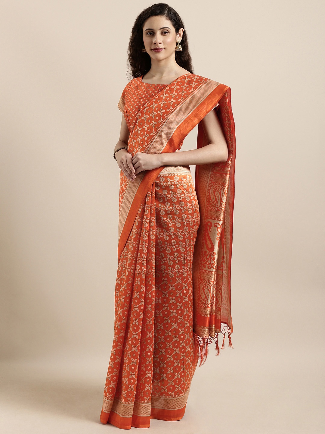 

Shaily Orange Silk Blend Printed Banarasi Saree