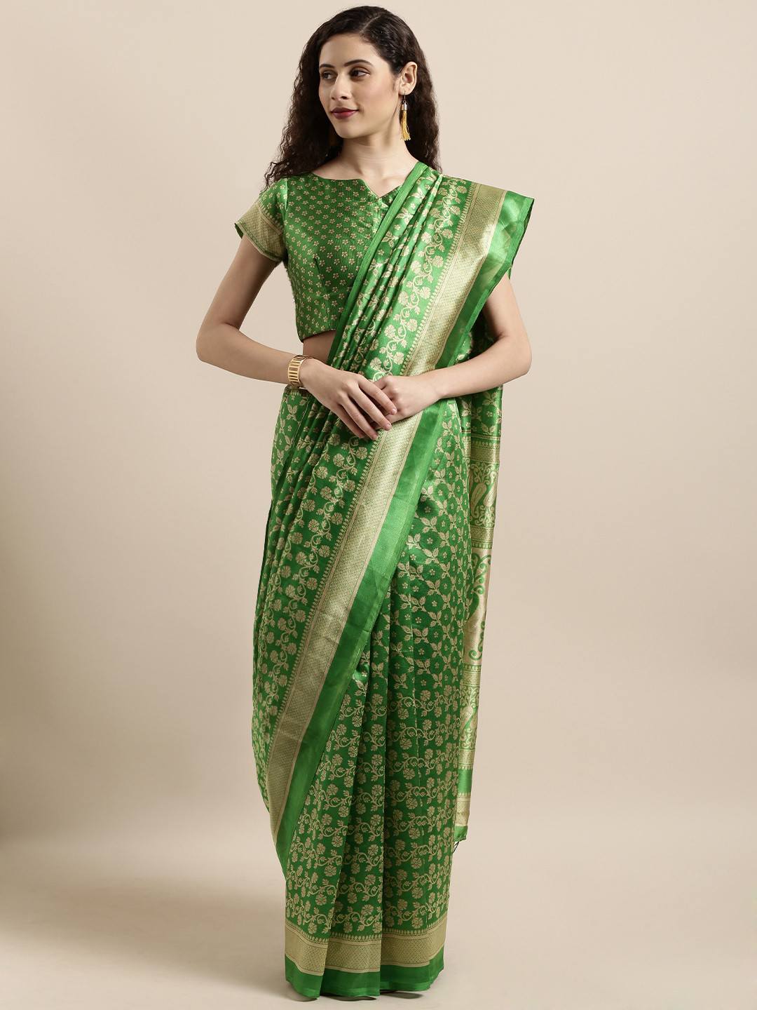 

Shaily Green & Gold-Toned Silk Blend Printed Banarasi Saree
