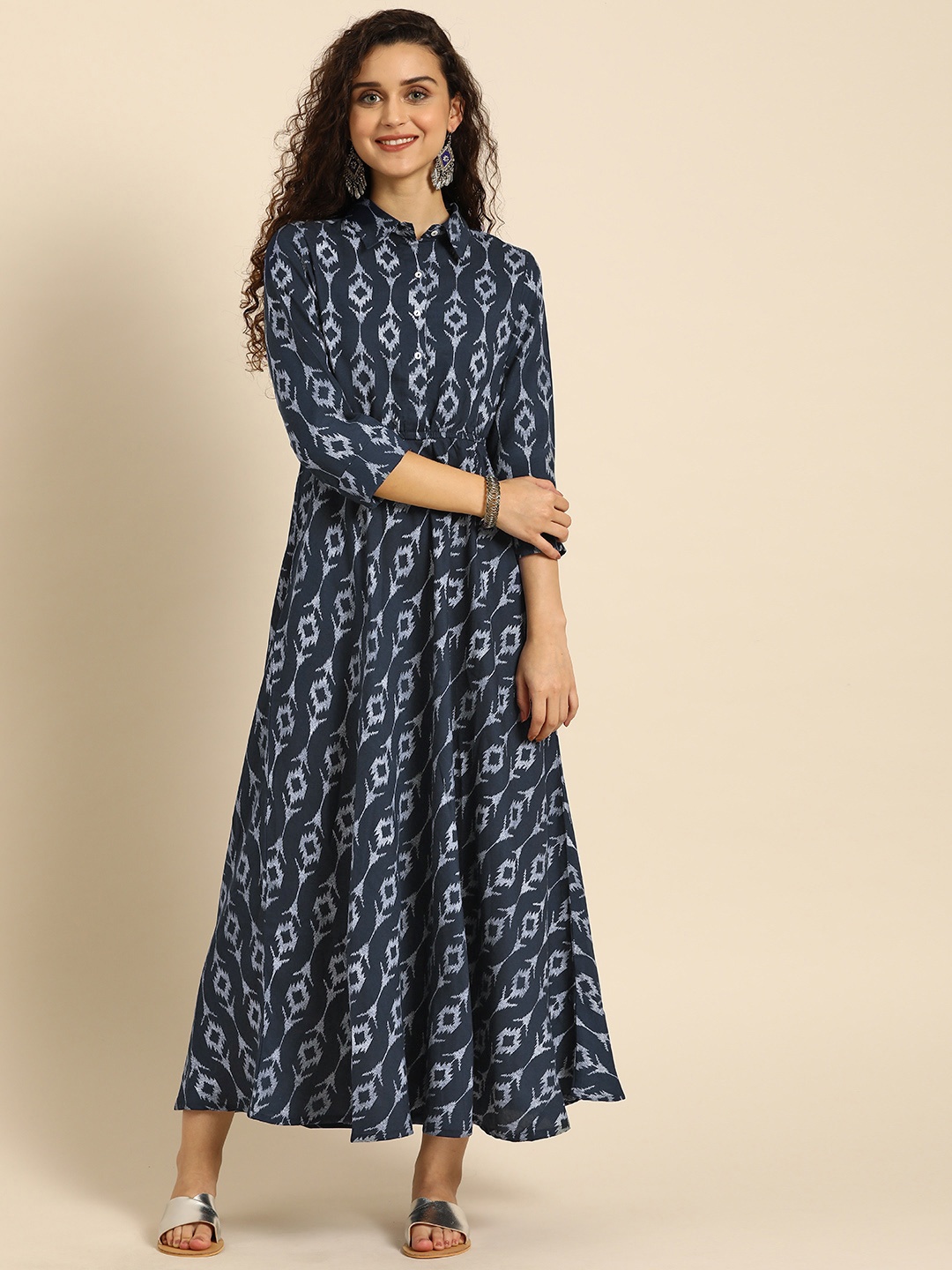 

IMARA Women Blue Printed A-Line Dress