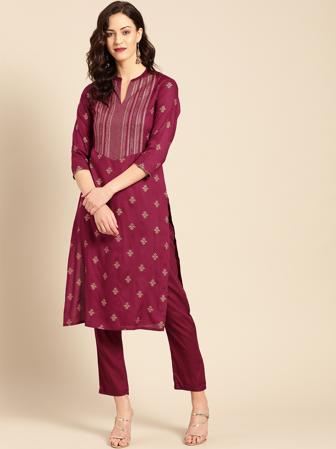 

IMARA Women Burgundy & Golden Printed Kurta with Trousers