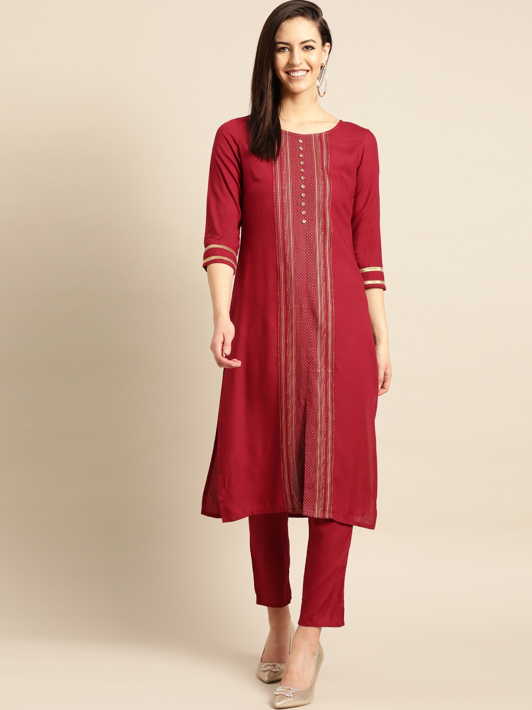 

IMARA Women Maroon & Golden Printed Kurta with Trousers